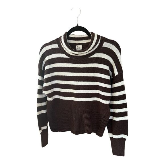Women's Mock Turtleneck Pullover Sweater - A New Day Brown/Ivory Striped Size XS - Picture 2 of 5